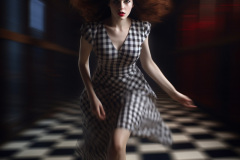 Grandmasterp_a_young_woman_dressed_in_a_checkered_dress_on_a_sh_e53ff576-773f-422a-98e8-10d40b4bdbda