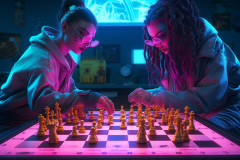 Grandmasterp_two_women_playing_chess_on_a_neon_colored_chess_bo_e9954ea2-dfac-4068-8881-49d6091e7dce